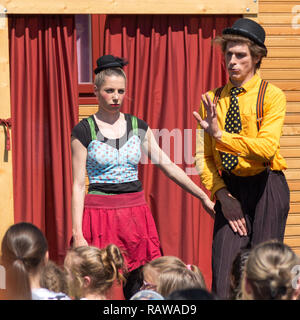 Traveling pantomime company called `Tarkabarka` show in Sopron, Hungary on May 27th 2017. Expressions: deadpan and shy Stock Photo
